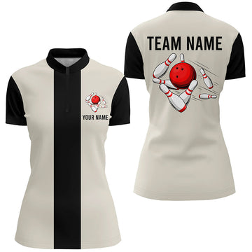Women's Beige & Black Retro Bowling Quarter Zip Shirt N7000