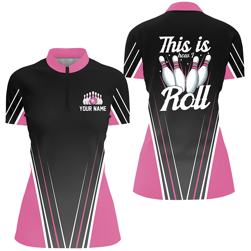Personalised Funny Bowling Quarter Zip Shirt for Women | Pink N4868