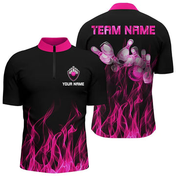 Personalised Men's Pink Flame Bowling Quarter Zip Shirt N5880