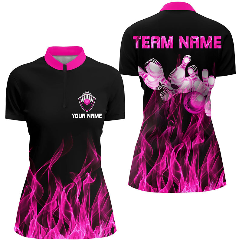 Women's Black & Pink Flame Bowling Quarter-Zip Jersey N5880