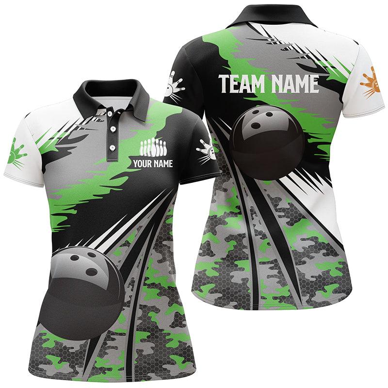 Women's Bowling Polo Shirt - Custom Black & Green Camo Team Jersey N5422