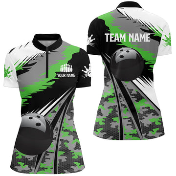Women's Bowling Quarter Zip Jersey - Custom Black & Green Camo N5422