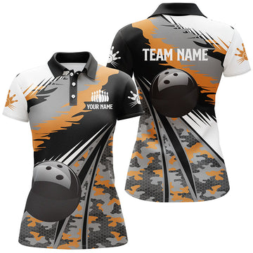 Women's Bowling Polo Shirt - Custom Black & Orange Camo Team Jersey N5423