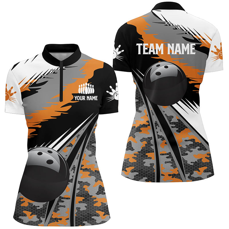 Women's Bowling Quarter Zip Jersey, Custom Black & Orange Camo N5423
