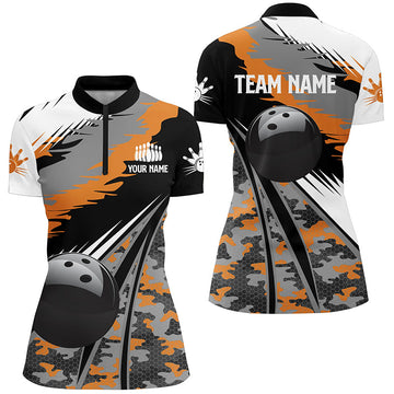 Women's Bowling Quarter Zip Jersey, Custom Black & Orange Camo N5423