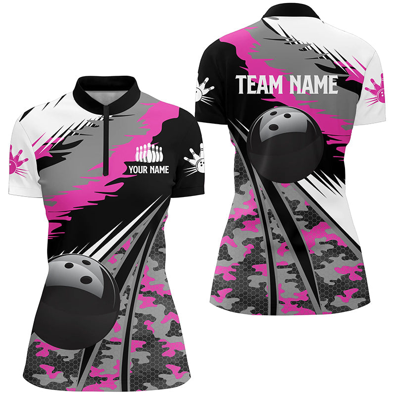 Women's Bowling Quarter Zip Jersey - Custom Black & Pink Camo N5424