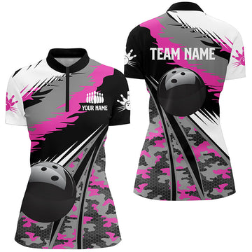 Women's Bowling Quarter Zip Jersey - Custom Black & Pink Camo N5424