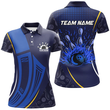 Blue Camo Flame Women's Bowling Polo, Quarter Zip N7785