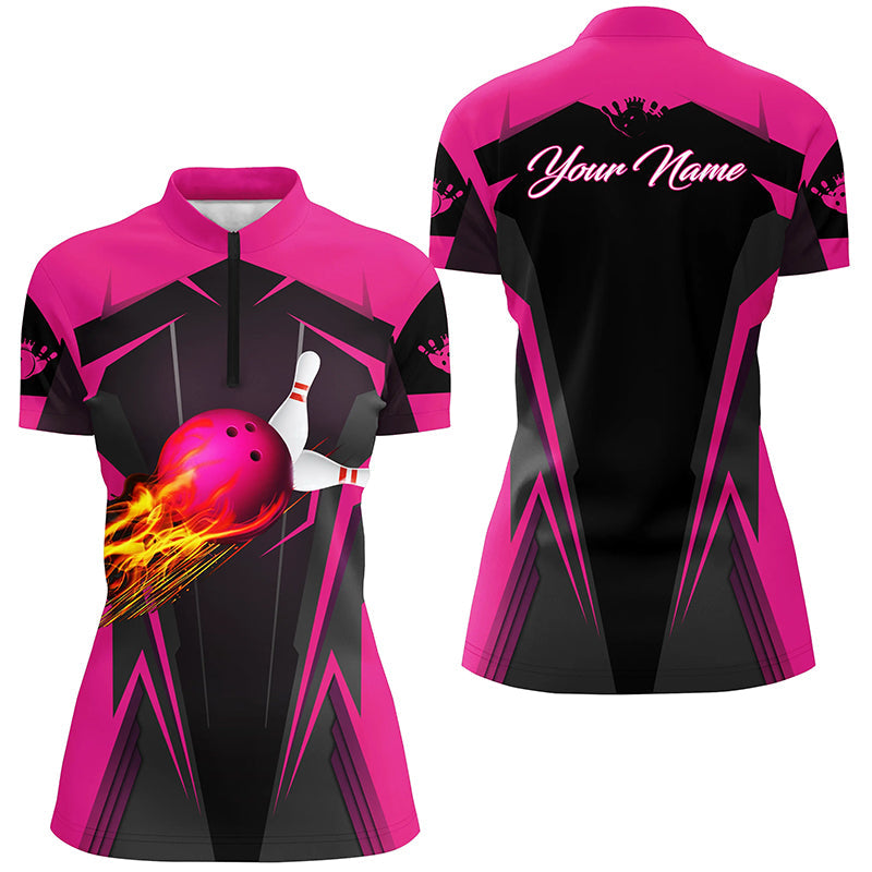 Personalised Women's Pink Quarter-Zip Bowling Shirt N7014