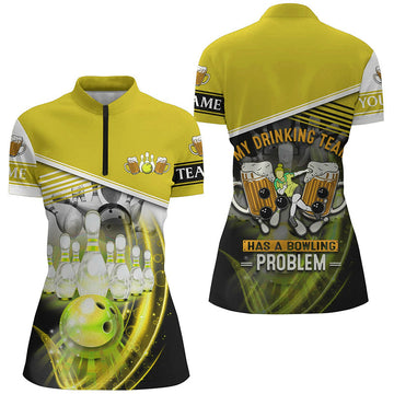 Women's Bowling Quarter Zip Shirt - Custom 'My Drinking Team Has a Bowling Problem' - Yellow N7015
