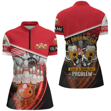 Women's Red Bowling Quarter Zip Shirt - Custom Team Jersey N7016