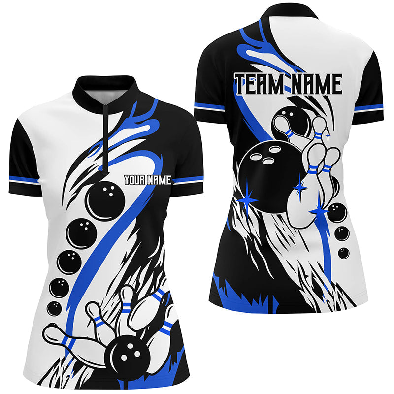 Women's Custom Retro Bowling Quarter Zip Shirt - Black/White N7154