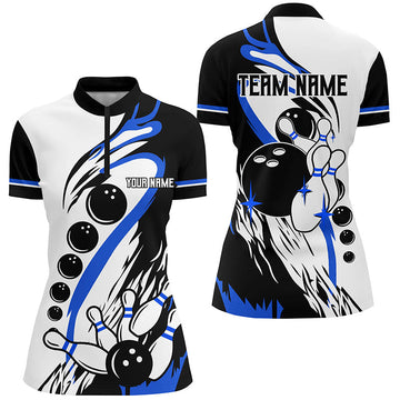 Women's Custom Retro Bowling Quarter Zip Shirt - Black/White N7154