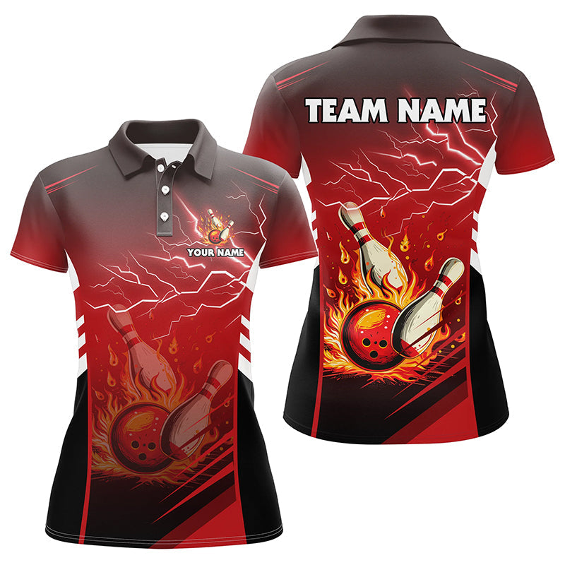 Red Women's Bowling Polo Shirt - Flame Design N7445