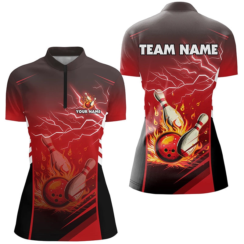 Red Women's Bowling Quarter Zip Shirt - Flame Design N7445