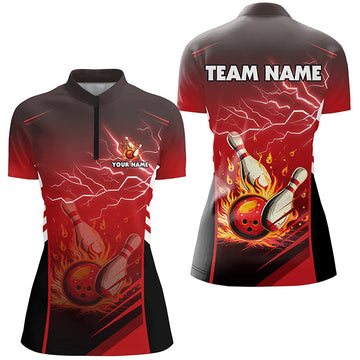 Red Women's Bowling Quarter Zip Shirt - Flame Design N7445