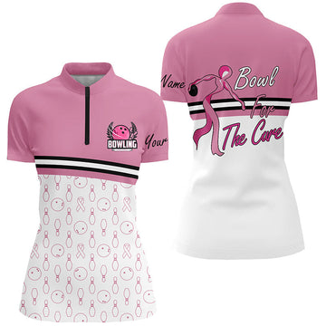 Women's Pink Ribbon Bowling Jersey - Quarter Zip for Breast Cancer Awareness N6337