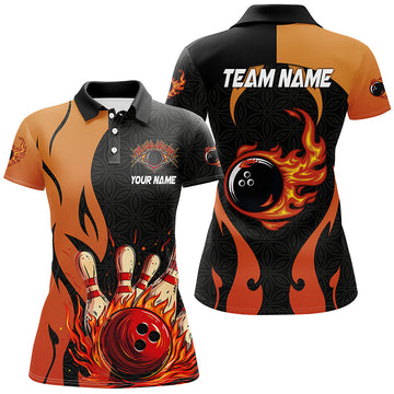 Women's Black & Orange Flame Bowling Polo, Quarter Zip N7799