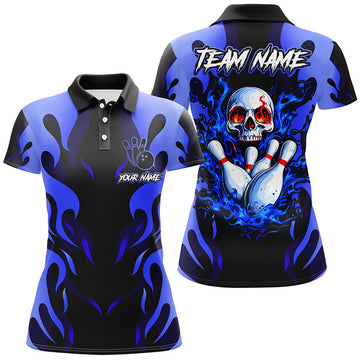 Women's Custom Black & Blue Flame Skull Bowling Shirt N8219