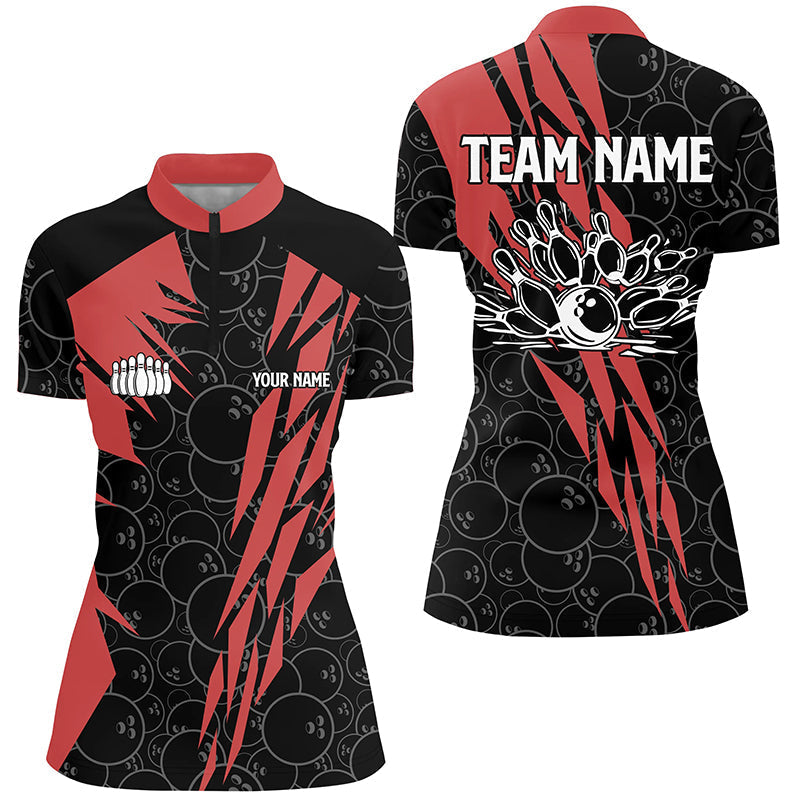 Black Camo Women's Bowling Quarter Zip Shirt - Custom Strike Team Jersey N6343