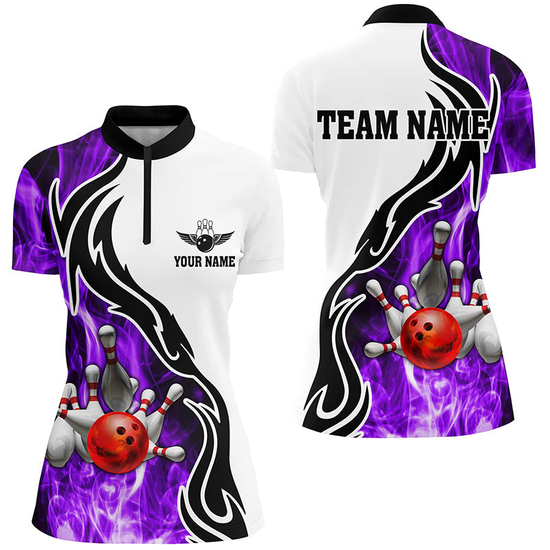 Women's Purple Bowling Quarter Zip Shirt - Custom Strike Team Jersey N6344