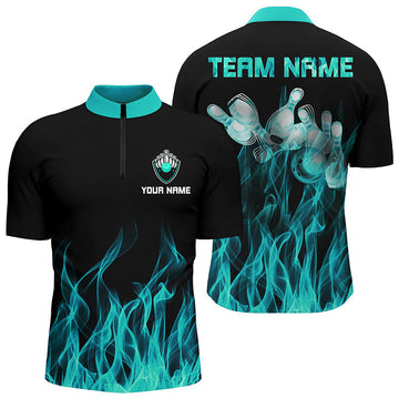 Men's Turquoise Flame Quarter Zip Bowling Shirt N6822