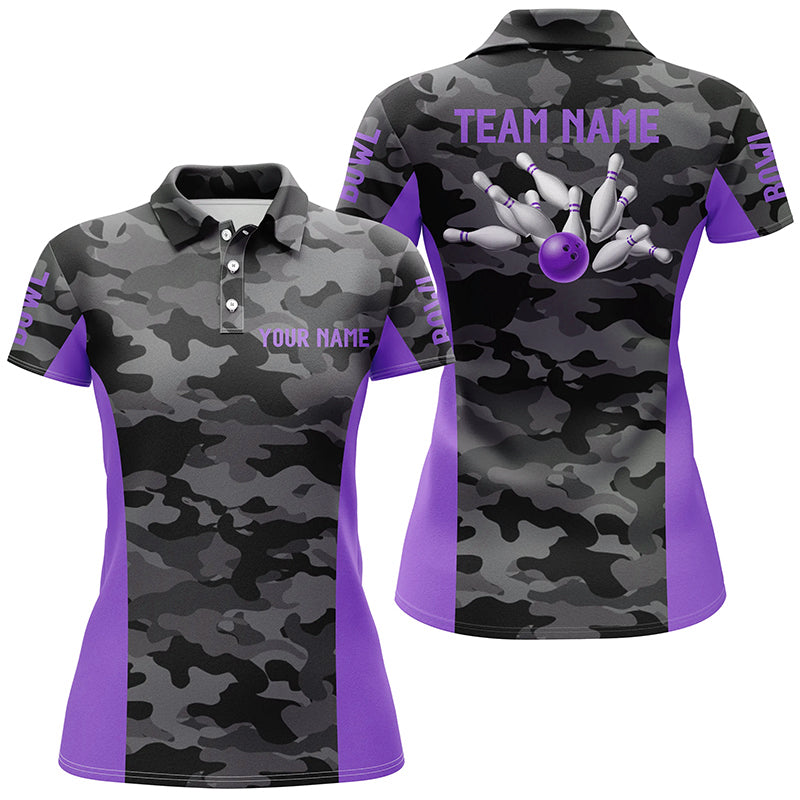 Women's Bowling Polo, Quarter Zip, Custom Grey Camo, Purple N7606
