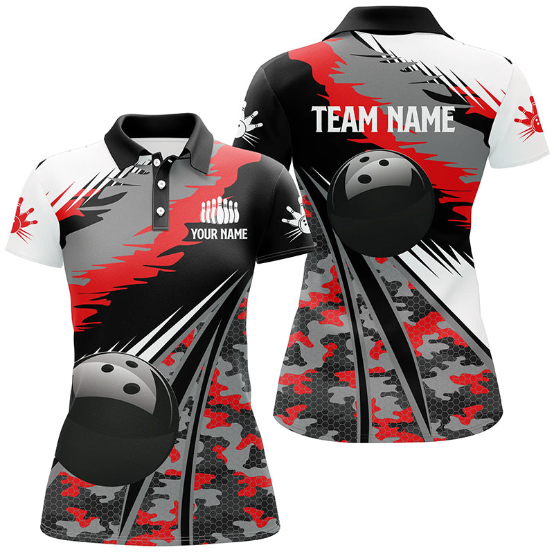 Women's Bowling Polo Shirt - Custom Black & Red Camo Team Jersey N6571