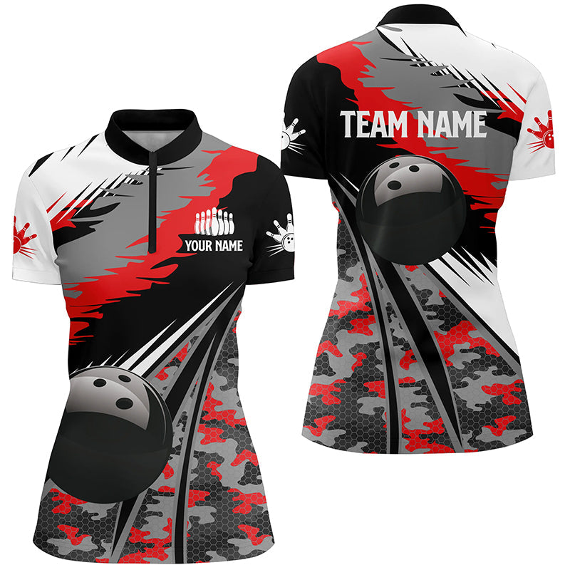Women's Bowling Quarter Zip Jersey - Custom Black & Red Camo N6571