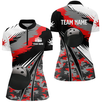 Women's Bowling Quarter Zip Jersey - Custom Black & Red Camo N6571