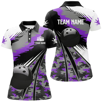 Women's Purple Camo Bowling Polo Shirt - Custom Black Ball Jersey N6572