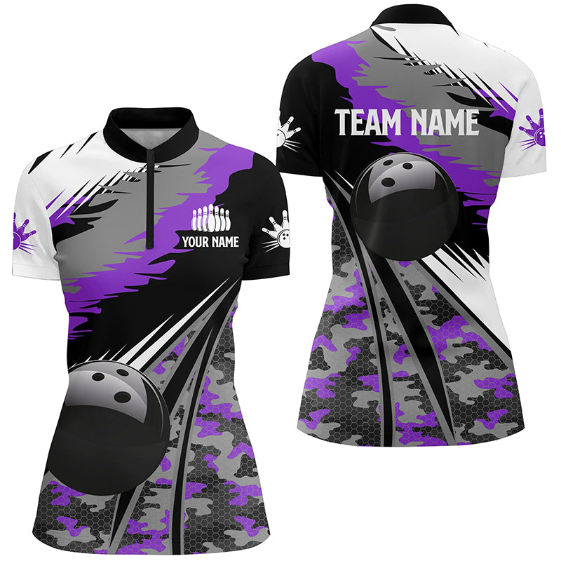 Women's Bowling Quarter Zip Jersey - Custom Black & Purple Camo N6572