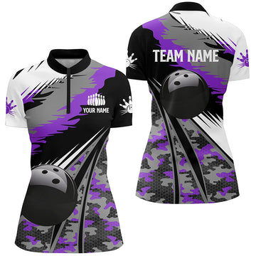 Women's Bowling Quarter Zip Jersey - Custom Black & Purple Camo N6572
