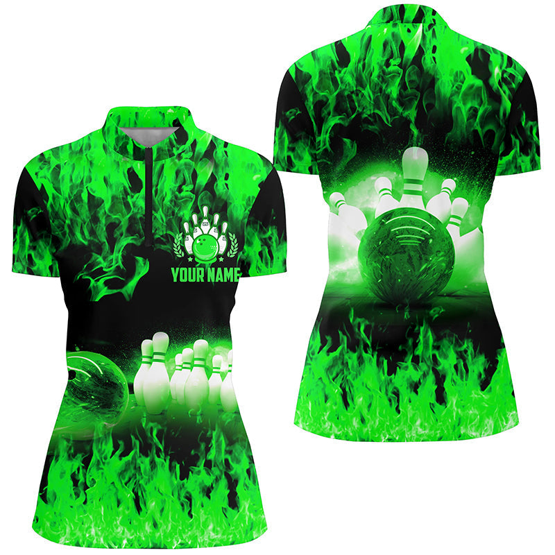 Green Flame Women's Quarter Zip Bowling Jersey N6367