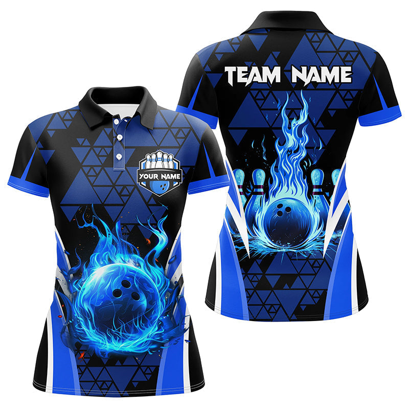Women's Custom Blue Triangle Flame Bowling Polo Shirt N7464