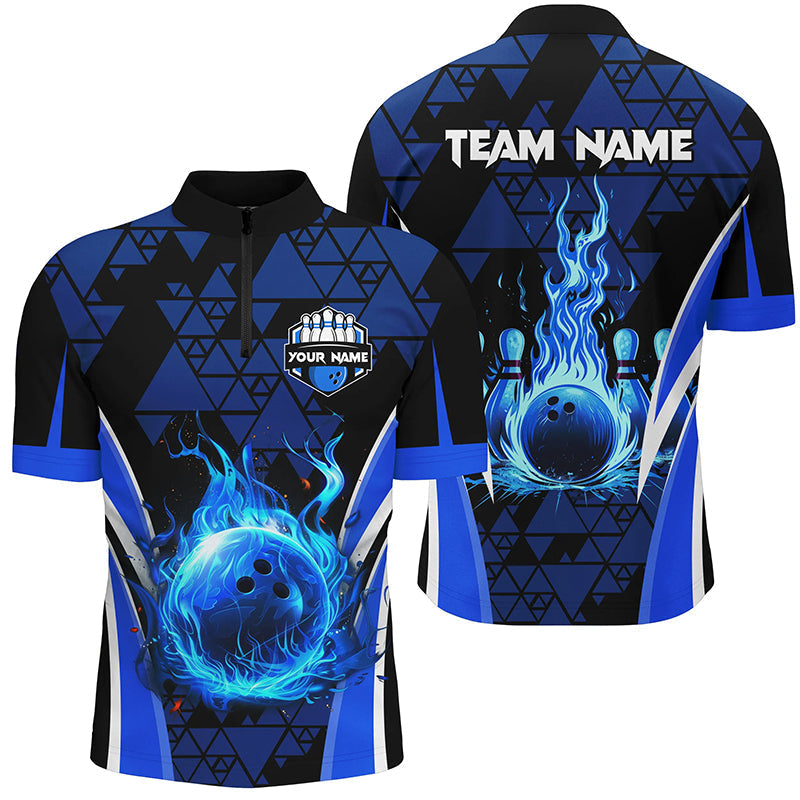 Men's Blue Triangle Flame Bowling Ball Quarter Zip Shirt N7464