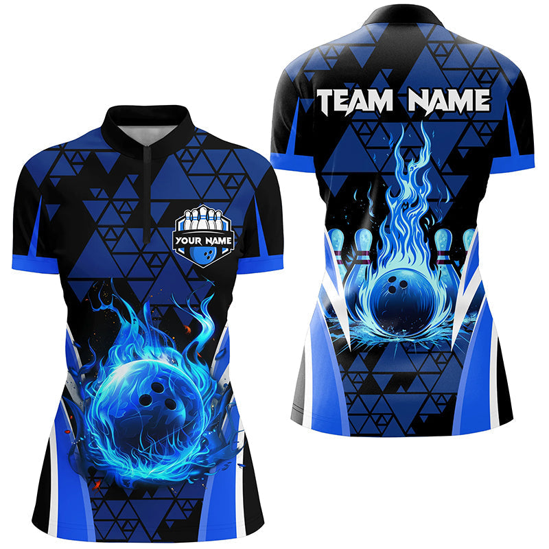 Women's Custom Blue Triangle Flame Bowling Quarter Zip Shirt N7464