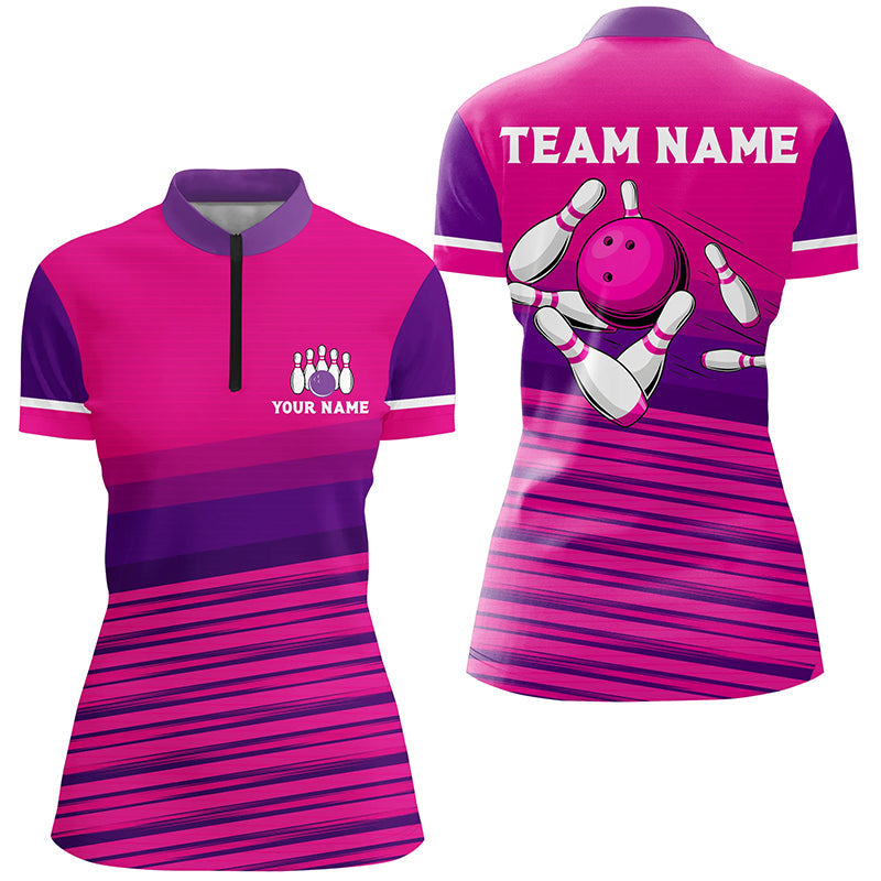 Women's Pink Pattern Bowling Quarter Zip Shirt N7466