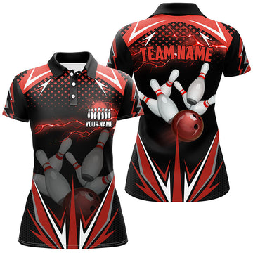 Black Ladies Bowling Polo Shirt - Custom Red Lightning Team Jersey N6588