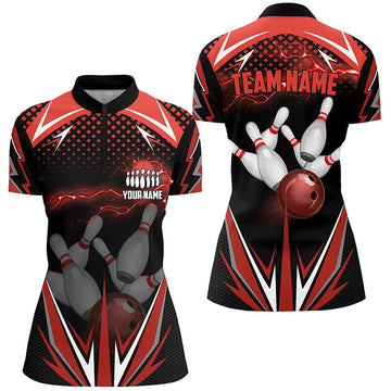 Black Ladies Bowling Quarter-Zip Shirt - Custom Red Lightning Jersey N6588