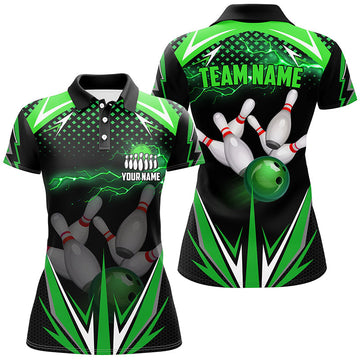 Black Ladies Bowling Polo Shirt - Custom Green Lightning Team N6589