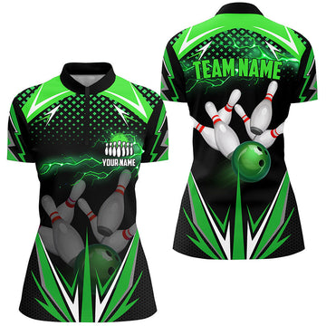 Black Ladies Bowling Quarter-Zip Shirt - Custom Green Lightning Jersey N6589