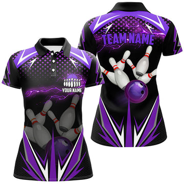 Black Women's Bowling Polo Shirt - Custom Purple Lightning Team Jersey N6590