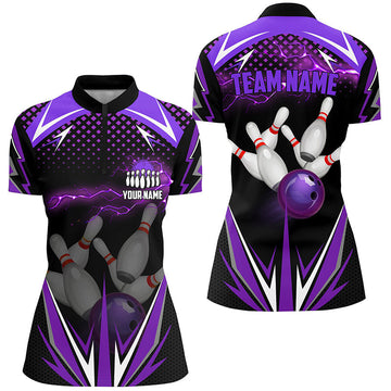Black Women's Bowling Quarter-Zip Shirt - Custom Purple Lightning Team Jersey N6590