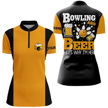 Black & Yellow Retro Bowling Quarter Zip Shirt for Women N7474