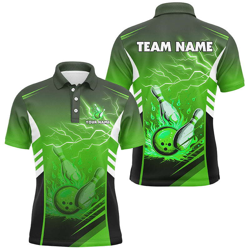 Men's Green Bowling Polo Shirt - Flame Theme N7478