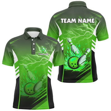Men's Green Bowling Polo Shirt - Flame Theme N7478