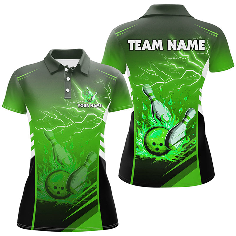 Women's Green Bowling Polo Shirt - Lightning Theme N7478
