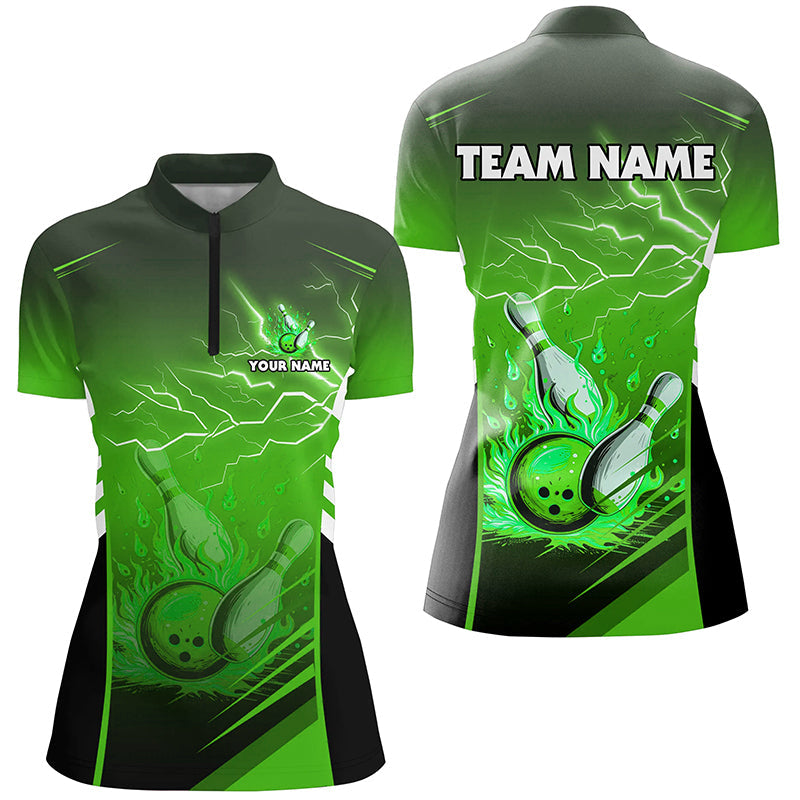 Women's Green Bowling Quarter Zip Shirt - Lightning Theme N7478
