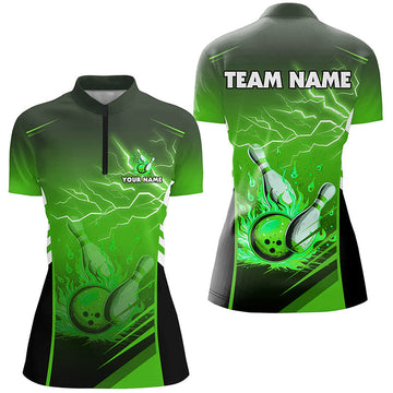Women's Green Bowling Quarter Zip Shirt - Lightning Theme N7478